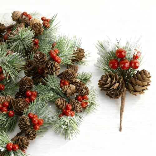 Filltown 20 Stück Weihnachten Künstliche Tannenzweige mit Tannenzapfen Deko, Rote Beeren und Baumnadeln, Künstliche Zweige für Tischdeko Weihnachten, Kränze und Gestecke