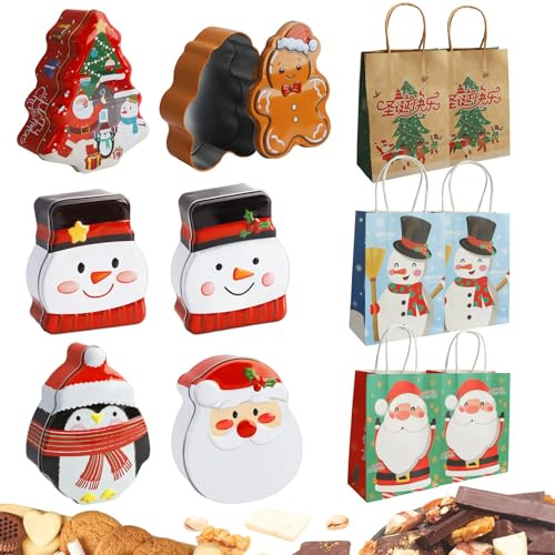Jiayaus 6 scatole di latta natalizie con 6 sacchetti regalo di carta, barattoli in metallo per biscotti con coperchio, scatole per biscotti, scatole per dolcetti di Natale, contenitori per feste