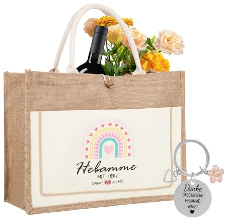 ODDerZZii Hebamme Geschenk Set, Jutebeutel & Schlüsselanhänger mit Kirschblüten, Abschiedsgeschenk für geschenk hebamme, Dankeschön Tasche für Hebammen, Praktische Midwife Tote Bag