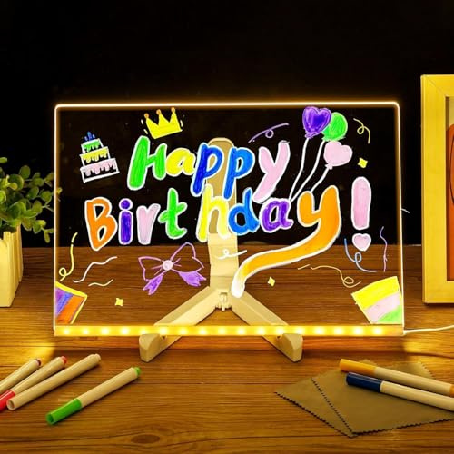 Tableau Lumineux Message LED,Tablette Acrylique Lumineuse Dessin,Tableau Effaçable 7 Stylos Colorés/Support Réglable Tablette d'écriture LED Cadeaux d'anniversaire Noël Tableaux à Mémos (Warm light)