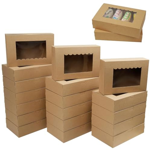 Yudobliss Scatola per Dolci da 30 Pezzi, Scatole per Dolci con Finestra Trasparente, 21,5 x13,5 x5 Cm Contenitori in Kraft Cartone, Scatole Natalizie, per Dolci, Torte, Biscotti, Muffin