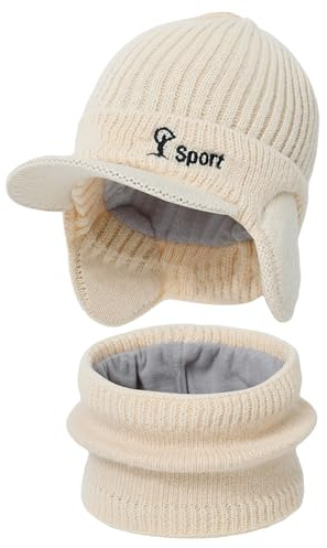 KAKU NANU 2 unisex vintermössor med öronmuffar och matchande nackvärmare set vintervärmemössor med fleecefoder 4 färger, Beige, one size