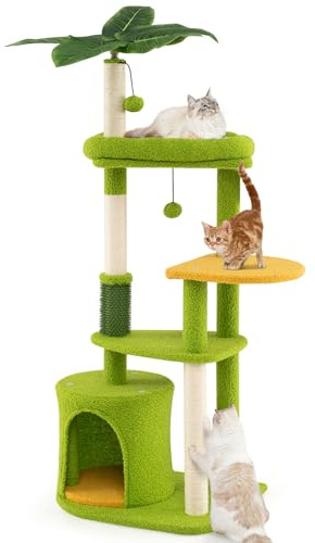 COSTWAY Rascador para Gatos Adultos, Árbol Rascador para Gatos, Altura 122 cm, Torre Escalador con Varias Plataformas, Postes de Sisal, Nido, Tela de Felpa, Versión de Bosque, Verde y Naranja