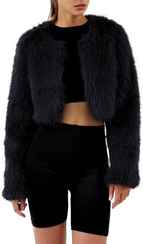 Amazhiyu Cappotto Pelliccia Sintetica Donna,Giacca Corta in Pelliccia Sintetica Shaggy,Invernale Calda con Maniche Lunghe Collo a Giro e Apertura Frontale,Nero L