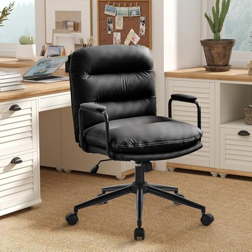 Ckaff Homeoffice Stuhl, Bürostuhl aus PU Leder, Schreibtischstuhl mit Doppellagiges Sitze, Höhenverstellbar Drehstuhl Schminkstuhl 120° Wippfunktion Computerstuhl für Schlafzimmer Büro, Schwarz