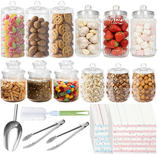 Mssushi 12 Pcs Retro Sweet Jars for Candy Buffet Reusable | 4 Styles, Empty Sweet Jars with Lids, 80 Bags, 2 Tongs, 1 Shovel, 1 Brush, Clear Sweet Containers, for Parties, Weddings