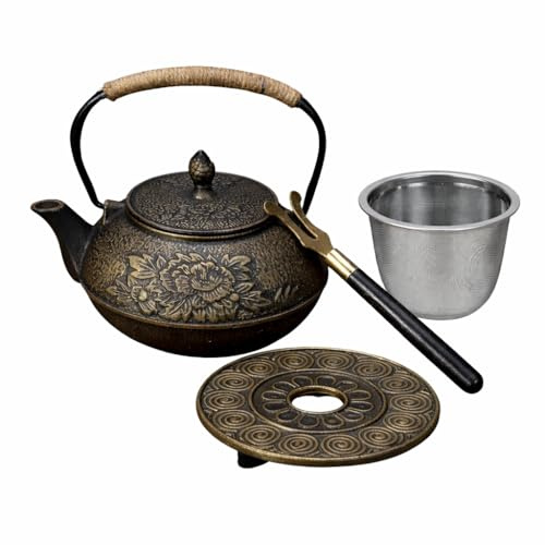 Théière en Fonte Japonaise 900 ml avec Motif Pivoine Dorée, Tetsubin Traditionnel Émaillé avec Infuseur Inox, Poignée en Corde et Dessous-de-Plat, Théière Artisanale Idéale, Coffret Cadeau
