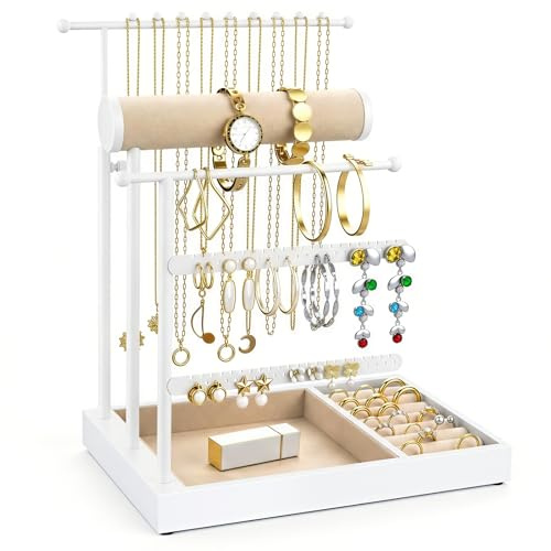 Emibele Necklace Holder Jewelry Organizer Stand, Jewelry Organizers and Storage Holder for Necklace Bracelet Earrings, with Velvet Ring Tray, Elegant Jewelry Stand Tower Gifts for Women, White