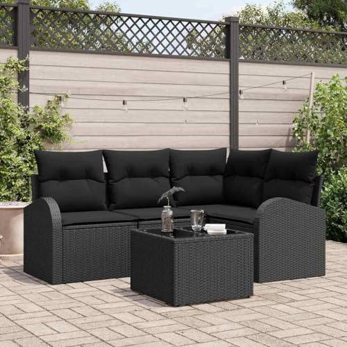 Hoopleep Gartensofa-Set Schwarz Poly-Rattan 5-teilig, modulares Outdoor Loungesofa mit Kissen, wetterfest für Terrasse, Balkon und Garten, inklusive Tisch