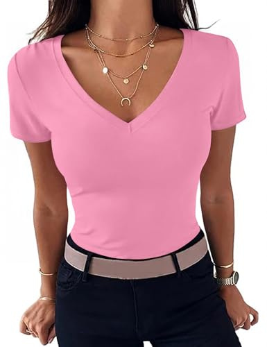 Totatuit Womens Short Sleeve V Neck Ribbed T Shirt Slim Fit Casual