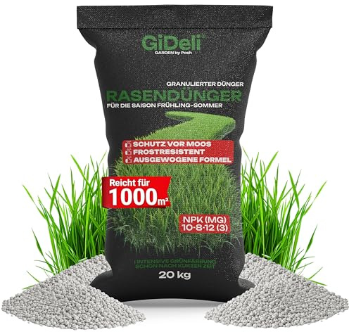 GiDeli Rasendünger Sommer 20 kg für 1000 m² - Langzeit Granulat NPK Dünger | sattes Grün auf großer Fläche, kräftige Wurzeln, dichte Grasnarbe, ergiebige gleichmäßige Ausbringung, Vorrat