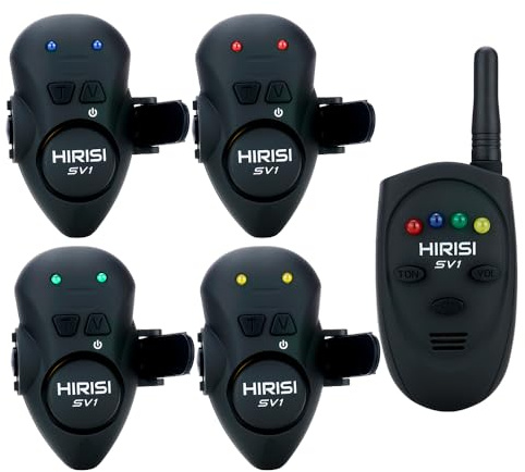 Hirisi Tackle Karpfen-Bissanzeiger mit Fernbedienung – Angelalarm für die Rute mit Einstellbarer Lautstärke und Signalton – Kompakt, leicht & wasserdicht Vibrations-Bissanzeiger für Angelruten
