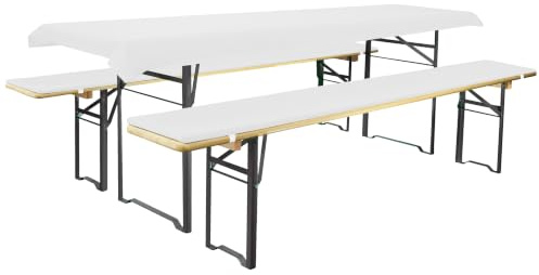 Brandsseller Auflagenset für Bierzeltgarnituren 3-teilig 2 Bankauflagen gepolstert 220x25 cm und 1 Tischdecke 240x90 cm für alle gängigen Festzeltgarnituren Bierbankauflagen Outdoor - Weiß