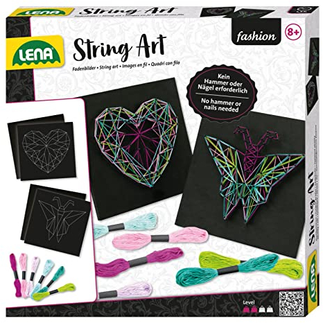 Lena 42650 Craft String Art Butterfly and Heart, Complete Patterns, with 2 Base Plates, Approx. 21.5 x21.5x1 cm, pins and 6 Coloured Threads, Set for Children from 8 Years, colourful