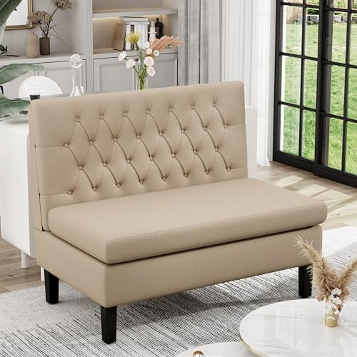 Yongqiang Modern Upholstered Settee with Back Small Loveseat Sofa Dining Bench Banquette Seating for Kitchen Dining Room Living Room Linen Button Tufted Mini Couch Khaki