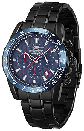 FIREFOX Armband- Herrenuhr Sky Commander Chronograph analog Quarz Edelstahl SCHWARZ Zifferblatt blau 10 ATM wasserdicht FFS23-103b