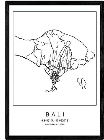 Nacnic Drucken Stadtplan Bali nordischen Stil schwarz und weiß. A3 Größe Plakat Das bedruckte Papier Keine 250 gr. Gemälde, Drucke und Poster für Wohnzimmer und Schlafzimmer