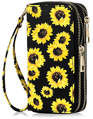 HAWEE Damen Lange Clutches Geldbörse Handschlaufe Portemonnaie Doppelter Reißverschluss Brieftasche Handy Geldbörse mit Mehreren Karten Slots für Münzen Bargeld Rechnung (Sonnenblume)