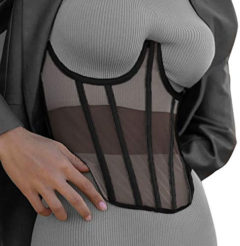 TOPMELON Lace Corset Belt Waist Corset Top Women Mesh Open Cup Lace Up Boned Under Bustier Corsets Waist Cincher Black S