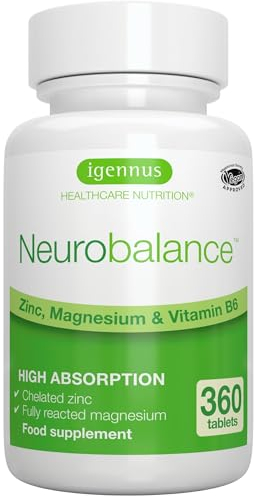 Igennus Neurobalance, Picolinato de Zinc de Alta Absorción 24mg, Magnesio y B6, Adultos y Niños, Etiqueta Limpia, Función Cerebral, Ayuda a Dormir, Recuperación Muscular, Vegano 360 comprimidos