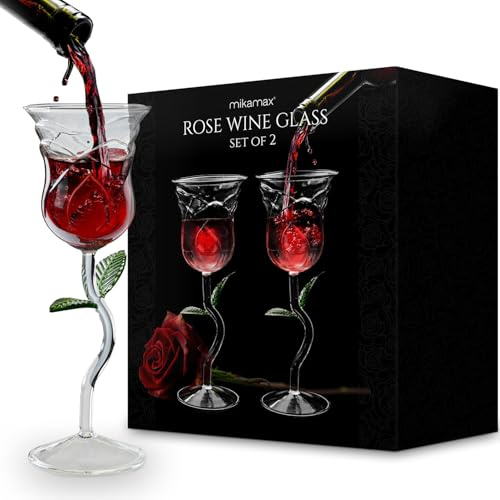 Mikamax Rose Vinglas Set – 2 Stycken, 200 ml, Glas, Hjärtaform, Kärlekstema, Vackert Design, Vinpresent, Återanvändbart