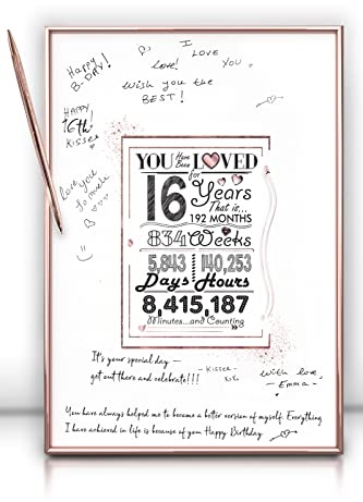 Sweet 16 Guest Book Alternative – Framed Rose Gold Birthday Sign-In Board 12x16, Includes Pen & Wall Hanger, Sweet Sixteen Party Decorations & Keepsake Gift for Girls