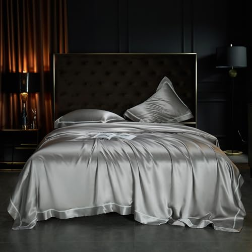YOUR MOON 25 Momme Mulberry Silk Duvet Cover and Pillow Shams, Queen Size Luxury Set with Buttons Closure (Starry Gray) - 1 Duvet Cover + 2 Pillow Shams