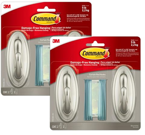 Command 5 lb Large Brushed Nickel Color Hooks, 2-Pack of 2 Wall Hooks and 2 Strips, Damage Free Coat Hooks with Adhesive Strips, Traditional Hooks for Hanging Christmas Decorations