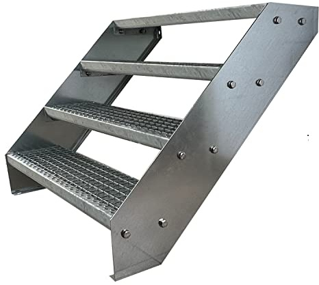 Premium Caillebotis acier Escalier à limon 4 Marches Entièrement galvanisé - Dimensions (L x l x H) 82cm x 60cm x 76cm Résistant aux intempéries et protégé contre la corrosion