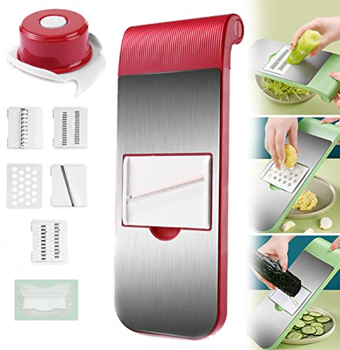 Multifunction Vegetable Cutter, Multi-Purpose Vegetable Slicer, Professional 5 in 1 Vegetable Fruits Julienne Chip Slicer, Safe Mandoline Slicer for Kitchen (Red)