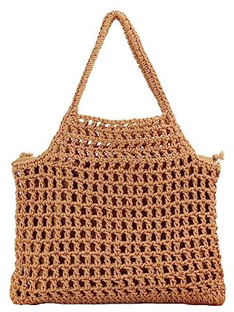KAISHIN Sommer Neue Mesh Baumwolle Einkaufstasche Frauen Solide Stroh Strand Einkaufstasche, braun, Width 30cm(11.8 inches), Height 28cm(11.0 inches), Strap 14cm(5.5 inches)