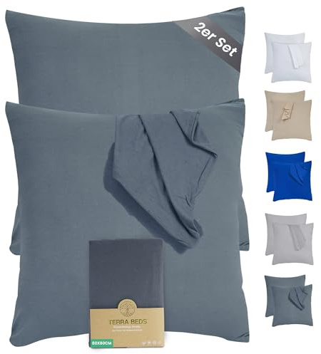 Terra Beds Kissenbezug 80x80 (Set mit 2) - 100% Baumwolle Jersey 160 g/m2, Oeko-Tex Zertifiziert - Kopfkissenbezug für Kissen 80x80 mit Reißverschluss, weich und atmungsaktiv - (Anthrazit Grau)