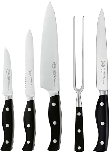 RÖSLE Messer-Set PURA inkl. Tranchiergabel 5-tlg., Kochmesser, Universalmesser, Gemüsemesser, Fleischmesser, mit scharf geschliffener Klinge aus Klingenspezialstahl, genieteter Griff