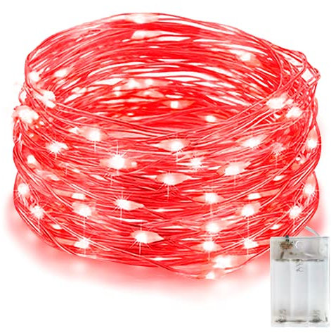 EvaStary Cadena de Luces Rojo, 10M 100LED Guirnalda Luces Impermeable IP65, Cadena de Luces Con Pilas 3AA, Para Decorar de Arbol de Navidad, Fiestas, Balcón, Jardín