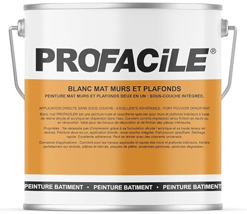 PROFACILE Peinture blanc mat intérieur murs et plafonds, sans odeur, 2 en 1, sous-couche intégrée 2.5 litres