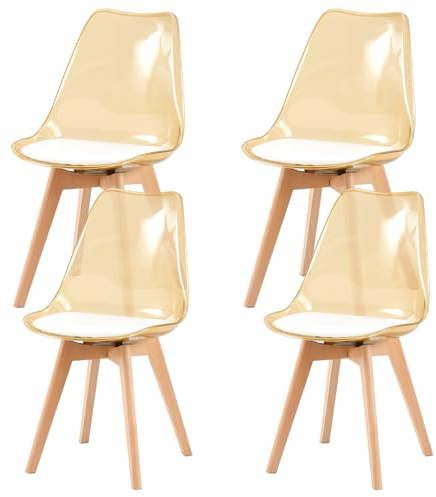 U2PICK Set of 4 Dining Chairs Modern Kitchen Clear Acrylic Dining Chairs with PU Leather Cushions and Solid Beech Wood Legs for Living Room and Bedroom Amber