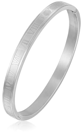 MILAKOO 6mm Stainless Steel Roman Numeral Bangle Bracelet for Women Personalized Carved Cuff Gifts