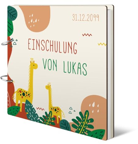Personalisiertes Gästebuch Schulanfang Einschulung 72 Blatt / 144 blanko Seiten 120g/qm Naturpapier, Ringbindung zum Öffnen, HDF Holzcover mit intensivem UV-Druck Wachsen wie eine Giraffe 215x215mm