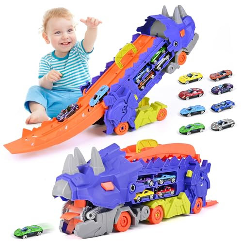 Camion de Transporteur pour Enfant avec 8 Voitures de Course et Dinosaure - Jouet Portable - Cadeau pour Garçons 3-8 Ans