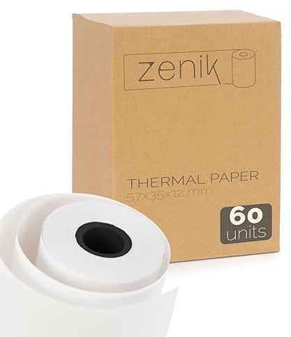 ZENIK | 60 Rollos de Papel Térmico Blanco 57x35x12mm. Sin BPA. Compatibilidad universal. Datáfono, TPV, Impresora Térmica 57mm, Recibos. Alta Durabilidad.