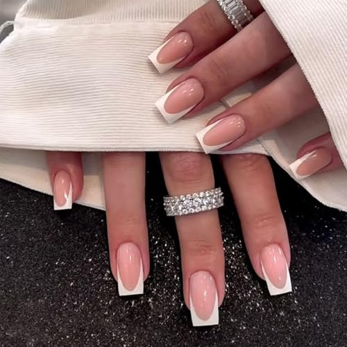GlamRays 24 Stücke French Nails Kurz Flachkopf & Weiß mit French Tip False Nails geeignet Press on Nails Nagelbedarf Stick on Nails Acryl Nägel Klebe Nails Art Tips