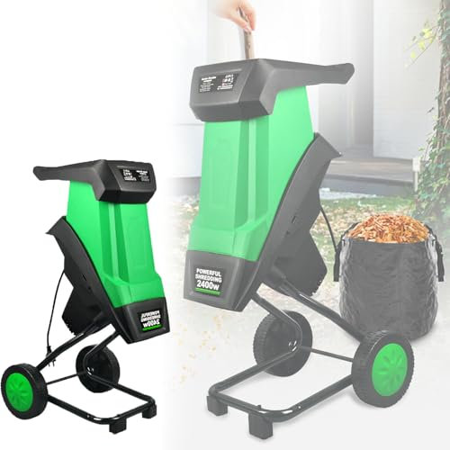Broyeur de branches électrique 2400 W, broyeur de branches multifonctionnel 39 mm, broyeur de feuilles portable 4500 tr/min, roues et bouton de verrouillage de sécurité, avec sac de collecte de 50 L