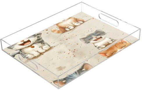 Plateau de service rétro en acrylique avec poignées - Motif chat heureux - Pour table basse, cuisine, salle de bain