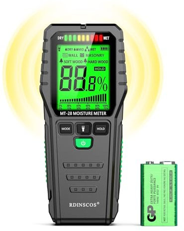 RDINSCOS Pinless Moisture Meter for Leak Detection, Water Damage Detector for Wood, Drywall, Concrete & Building Materials – Easy Calibration, Data Hold, and Flashlight – Moisture Tester for Basement