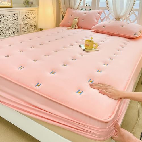 Spannbettlaken 90x200cm Rosa, Spannbetttuch Volltonfarben mit Blumenmuster Baumwolle Spannbetttuch
