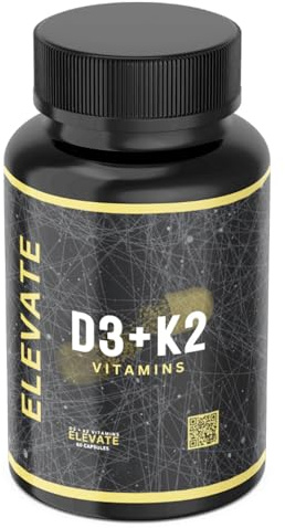 Elevate Supplements Vitamins D3 + K2, 60 Capsules | High Strength Vitamin Supplement for Bone, Brain, Heart, Immune & Muscle Support | Bioactive & Antioxidant Formula | Daily Calcium Absorption Aid