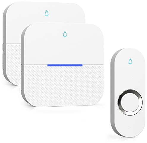 Yomiuwo Lighted Wireless Doorbell for Home, Waterproof Battery Doorbell 1,000ft Range, 5 Volume Levels with 58 Doorbell Chimes & LED Flash (White, Doorbell with 1 Button & 2 Receiver)