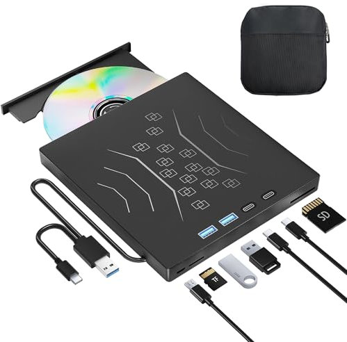 Wbacon Lecteur DVD externe 7 en 1, lecteur CD/DVD externe pour ordinateur portable USB 3.0 et Type-C, lecteur CD/DVD +/-RW portable, graveur de CD/DVD CD ROM lecteur externe pour PC de bureau (lecteur
