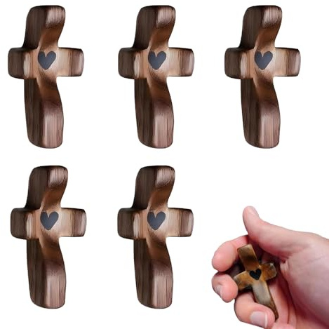 XFSRG 5 Piezas Pequeñas Cruces de Madera Talladas a Mano con Motivos de Corazón como Objetos para Oraciones y Ocasiones Especiales