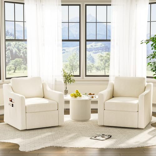 LegacyAmerhome 360° Swivel Accent Chair Set of 2, Large Comfy Reading Chairs, Accent Square Single-seat Armchair Upholstered Sofa for Reading, Nursery, Living Room, Bedroom, Lounge, Hotel, Beige